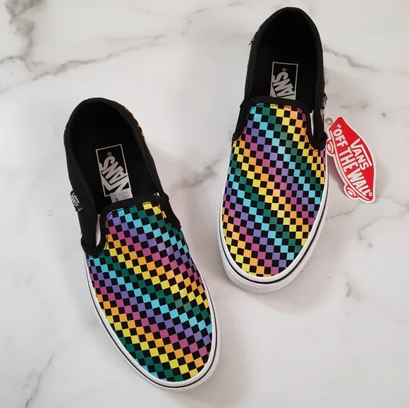 Vans Asher Rainbow Mini Check Canvas Slip On Skate Shoes Sneakers - Picture 1 of 4